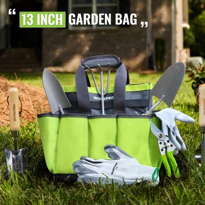 Imagem de Bolsa de ferramentas de jardim WORKPRO com base de plástico impermeável, bolsa de jardinagem de 8 bolsos, sacola de jardim Oxford resistente, porta-kit de ferramentas de jardinagem para ambientes internos e externos (ferramentas não incluídas)