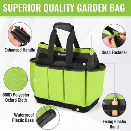 Imagem de Bolsa de ferramentas de jardim WORKPRO com base de plástico impermeável, bolsa de jardinagem de 8 bolsos, sacola de jardim Oxford resistente, porta-kit de ferramentas de jardinagem para ambientes internos e externos (ferramentas não incluídas)