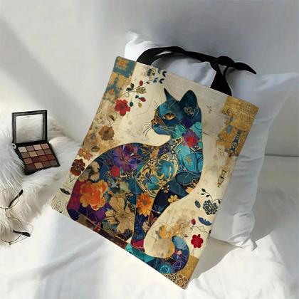 Imagem de Bolsa De Lona Com Estampa Floral De Gato, Leve, Estética, Para Compras, Bolsa De Ombro
