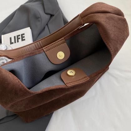 Imagem de Bolsa De Ombro Feminina De Grande Capacidade Em Camurça, Estilo Retrô Vintage, Cor Sólida, Bolsa