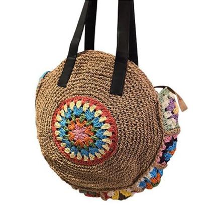 Imagem de Bolsa De Palha Para Praia Piscina Verão Grande Artesanal Artesanato Redonda Sacola Croche Feminina