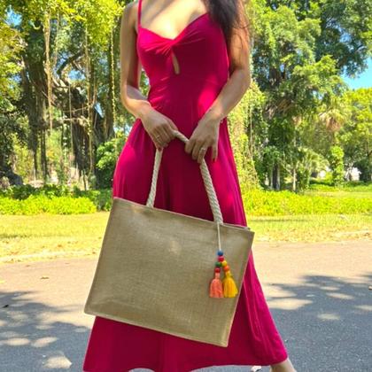 Imagem de Bolsa De Praia Palha Luxo Feminina Passeio Orla Cachoeira Reforçada 