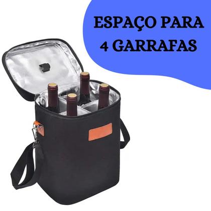 Imagem de Bolsa de Vinho Térmica Wine Bag 4 Garrafas Vinho Multiuso Preto