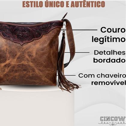 Imagem de Bolsa Feminina Couro Legitimo Grande Recorte Bordado Relevo