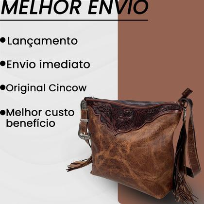 Imagem de Bolsa Feminina Couro Legitimo Grande Recorte Bordado Relevo