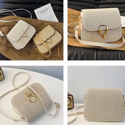 Imagem de Bolsa Feminina em Crochê Sintético Alça Ombro Transversal Regulável Fecho Dourado na Cor Palha