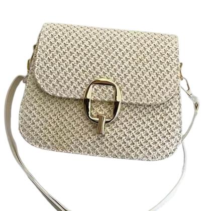 Imagem de Bolsa Feminina em Crochê Sintético Alça Ombro Transversal Regulável Fecho Dourado na Cor Palha