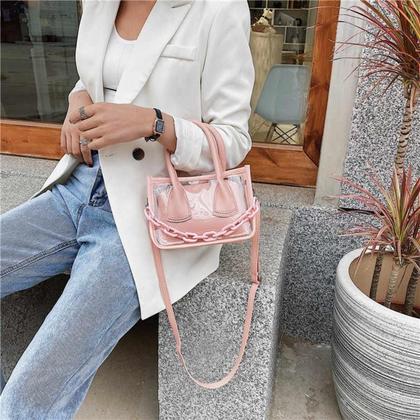 Imagem de Bolsa Feminina Transversal de Ombro Transparente e Necessaire 2x1 Com Corrente