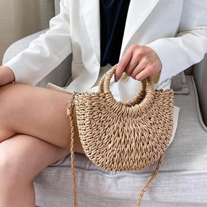 Imagem de Bolsa Feminina Transversal Palha Meia Lua Praia Casual - Caramelo - Alça ombro e mão