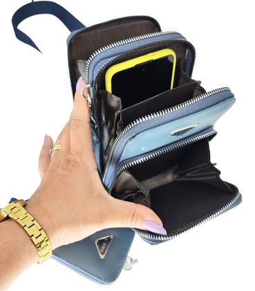 Imagem de Bolsa feminina transversal porta celular com carteira luxo ziper metal prata 