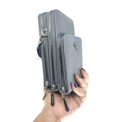Imagem de Bolsa feminina transversal porta celular com carteira luxo ziper metal prata 