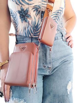 Imagem de Bolsa feminina transversal porta celular com carteira luxo ziper metal prata 