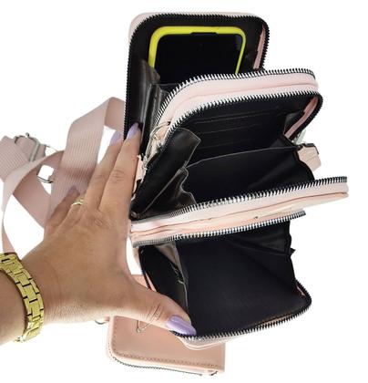 Imagem de Bolsa feminina transversal porta celular com carteira luxo ziper metal prata 
