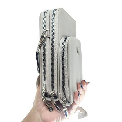 Imagem de Bolsa feminina transversal porta celular com carteira luxo ziper metal prata 
