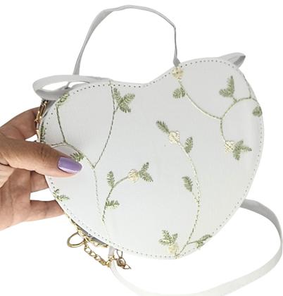 Imagem de Bolsa feminina transversal porta celular coração luxo branco renda romantica