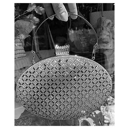 Imagem de Bolsa Festa Clutch Oval Prateado Com Strass E Alça