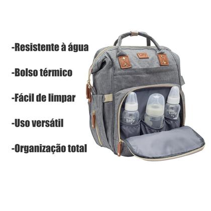 Imagem de Bolsa Mochila Mala Maternidade Bebê Passeio Impermeável Multifuncional Menina Menino Unissex Cinza Neutra Lolly