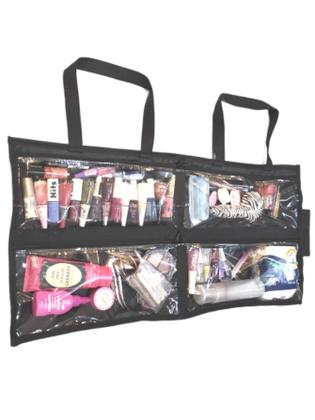 Imagem de Bolsa Multiuso Manicure Porta Maquiagem Com 4 Divisões Promocional para até 80 frascos Preta Com fechamento em tiras autocolantes laterais