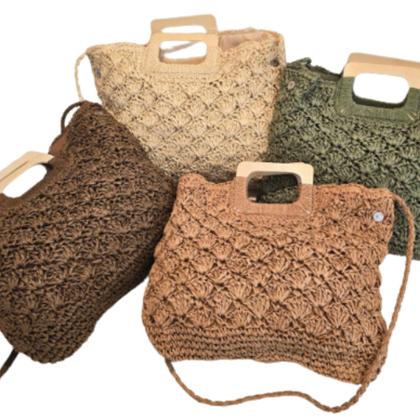 Imagem de Bolsa Palha Ombro Alças Madeira Detalhada Transversal Verão 2025