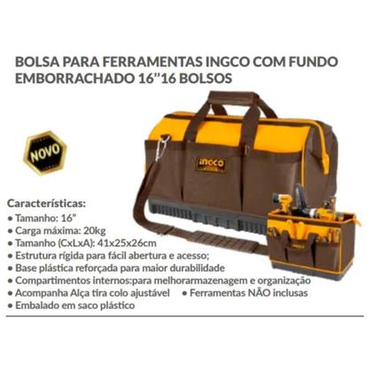 Imagem de Bolsa Para Ferramentas Ingco 16Pol 16 Bolsos Até 20Kg HTBG08 + Jogo De Brocas De Wídea 