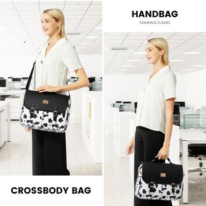 Imagem de Bolsa para laptop LOVEVOOK para mulheres com estampa de vaca preta de 15,6 polegadas