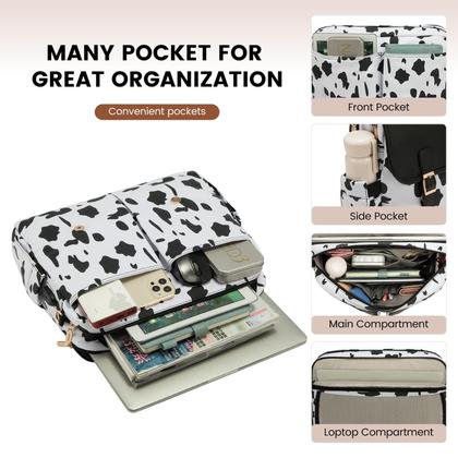 Imagem de Bolsa para laptop LOVEVOOK para mulheres com estampa de vaca preta de 15,6 polegadas
