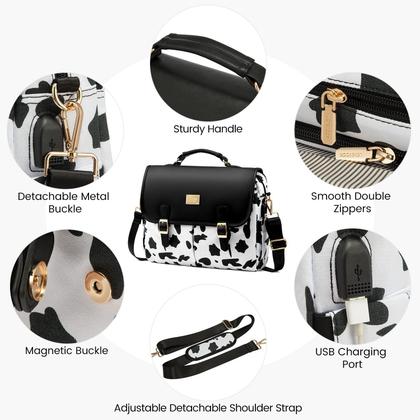 Imagem de Bolsa para laptop LOVEVOOK para mulheres com estampa de vaca preta de 15,6 polegadas