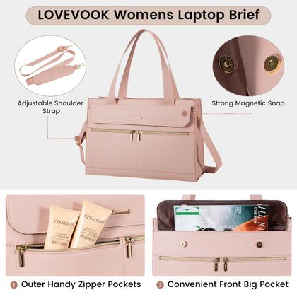 Imagem de Bolsa para laptop LOVEVOOK para mulheres de 15,6 polegadas de couro impermeável rosa