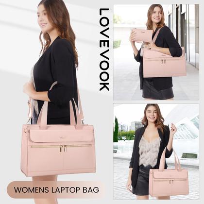 Imagem de Bolsa para laptop LOVEVOOK para mulheres de 15,6 polegadas de couro impermeável rosa