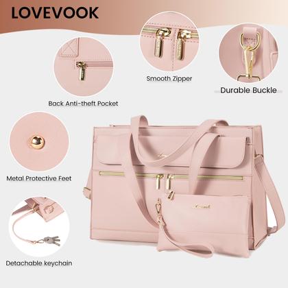Imagem de Bolsa para laptop LOVEVOOK para mulheres de 15,6 polegadas de couro impermeável rosa