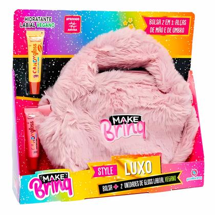 Imagem de Bolsa Plush Style Luxo Infantil Makebrinq Com Kit 2 Gloss Veganos Morango Baunilha