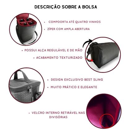 Imagem de Bolsa Porta Vinho Alimentos Wine Bag Case 4 Transporte Garrafas ou Tacas  c/ Alça Ombro Piquinique Passeio Parque Praia