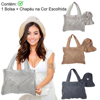 Imagem de Bolsa Sacola Crochê + Chapéu Bucket Hat - Kit Artesanal Praia Primavera Verão