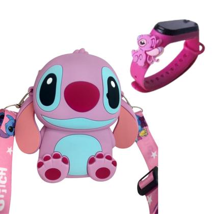 Imagem de Bolsa Stitch Infantil Feminina Kit Com Relógio Digital