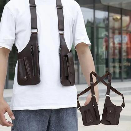 Imagem de Bolsa Tática Impermeável Masculina Em PU Com Alça Dupla E Múltiplos Bolsos, Bolsa Transversal