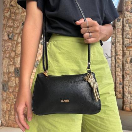 Imagem de Bolsa Transversal Feminina Preto Couro Legítimo Pequena  Classe Couro