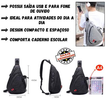 Imagem de Bolsa Transversal Grande Masculina Feminina Mochila De Ombro Peito Shoulderbag Pochete Academia Resistente Reforçada