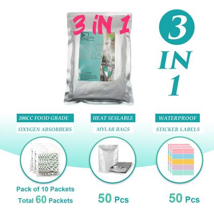 Imagem de Bolsas Mylar SHXWELL de 1 litro para armazenamento de alimentos, 50 unidades com absorvedores