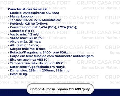 Imagem de Bomba Dágua Autoaspirante  Lepono Xkj-600i 0,8h Até 30metros