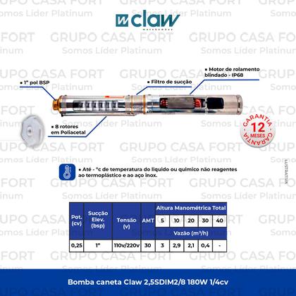 Imagem de Bomba de Agua Submersa para Poços 2,5" Palito 1/4cv Claw W2.5SDIM2/8