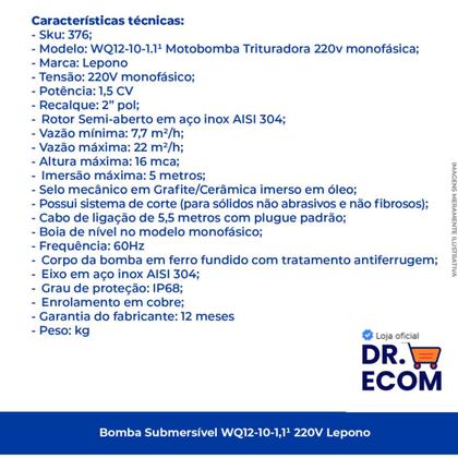 Imagem de Bomba De Água Submersível Trituradora 220v 1,5cv Lepono Wq12101.1 Imersão Max 5m Indicada P Drenagem De Água Suja Em Fossas Porões Lagos E Aplicaçõe