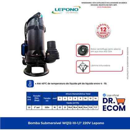 Imagem de Bomba De Água Submersível Trituradora 220v 1,5cv Lepono Wq12101.1 Imersão Max 5m Indicada P Drenagem De Água Suja Em Fossas Porões Lagos E Aplicaçõe