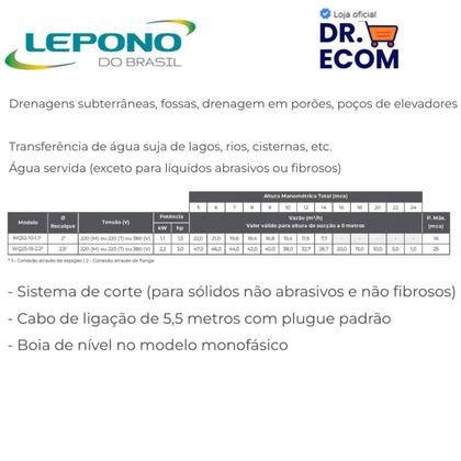 Imagem de Bomba De Água Submersível Trituradora 220v 1,5cv Lepono Wq12101.1 Imersão Max 5m Indicada P Drenagem De Água Suja Em Fossas Porões Lagos E Aplicaçõe