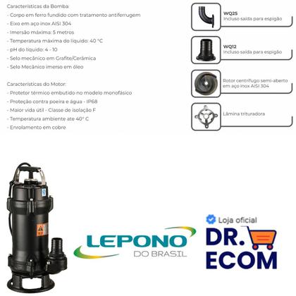 Imagem de Bomba De Água Submersível Trituradora 220v 1,5cv Lepono Wq12101.1 Imersão Max 5m Indicada P Drenagem De Água Suja Em Fossas Porões Lagos E Aplicaçõe