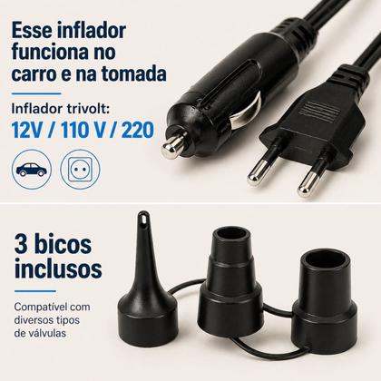 Imagem de Bomba De Ar Elétrica Compressor Portátil 3 Bicos 12V 110V 220V Colchão Boia Piscina