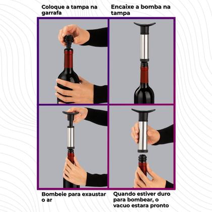 Imagem de Bomba de Vácuo Inox Com 2 Tampas De Silicone Conservar e Preservar Vinho Aberto Cozinha Uny Home
