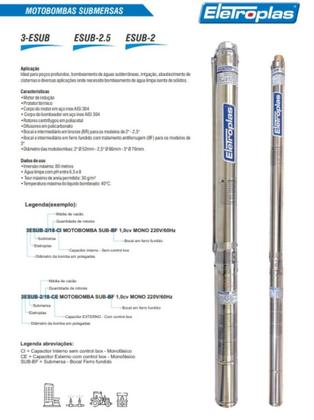 Imagem de Bomba Eletroplas SUB2,5 11Estágios Motor 0,33cv 2Fios Monofásico 220v