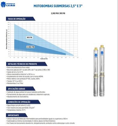 Imagem de Bomba Leão Sub 3 18 Estágios Recalque 1 Motor 1cv 2Fios Monofásico 220v