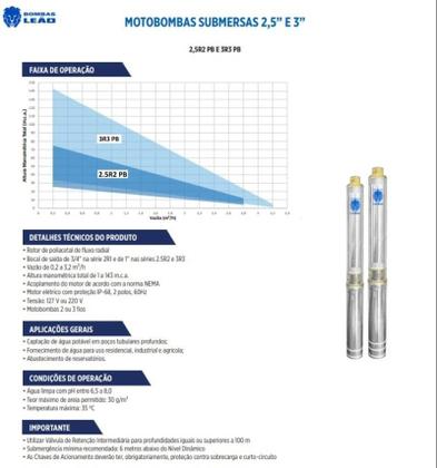 Imagem de Bomba Leão Sub 3" 9 Estágios Recalque 1" Motor 0,5cv 2Fios Monofásico 220v