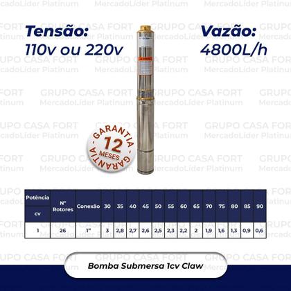 Imagem de Bomba Poço Artesiano Submersa 1Cv Até 90 Metros Claw 220V